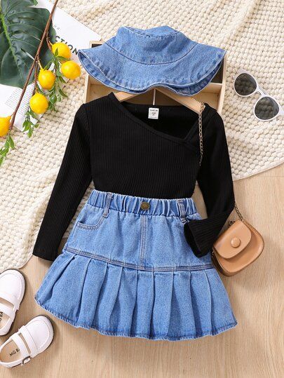 Toddler Skirt Outfit, Girls Denim Dress, Pleated Denim Skirt, Outfit For Kids, Girls Denim Skirts, Pleated Denim, Cheap Kids Clothes, Trendy Shirt Designs, Denim Skirt Outfits