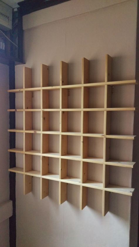 Grid style wall mounted shelving, timber for this was re-purposed from an old wooden sofa bed! Wooden Grid Shelf, Wooden Grid Wall, Grid Shelves, Brick Shelves, Wall Mounted Shelving, Shelves Above Toilet, Above Toilet, Timber Shelves, Walnut Timber