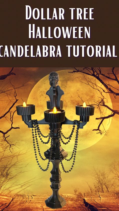 Dollar Tree Halloween Candelabra Tutorial Candelabra Halloween Decor, Decorate Chandelier For Halloween, Diy Candelabra Dollar Stores, Diy Chandelier Halloween, Diy Candelabra Dollar Tree, Diy Candleabra Halloween, Diy Halloween Candleabra Ideas, Diy Halloween Chandelier Decor, Diy Candleabra Ideas Dollar Tree