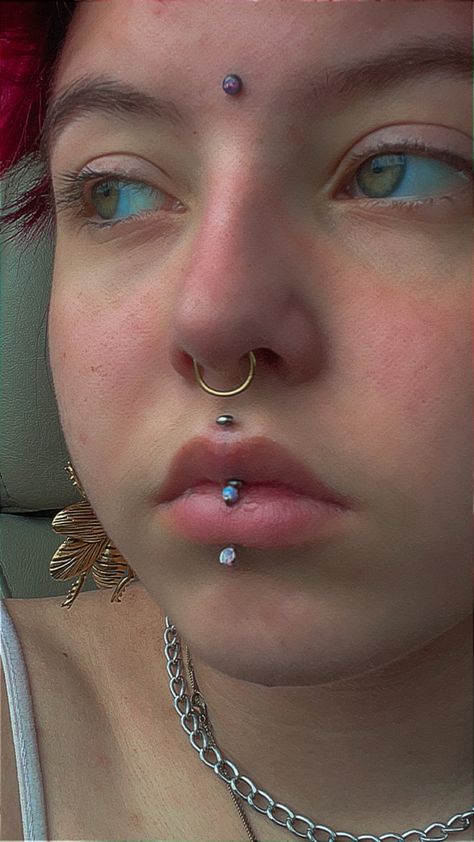 Jestrum And Vertical Labret, Facial Piercing Set Up, Gold Vertical Labret, Vertical Philtrum Piercing, Labret Piercing Aesthetic, Vertical Labret Piercing Jewelry, Central Labret Piercing, Vertical Labret Piercing Aesthetic, Hippie Piercings