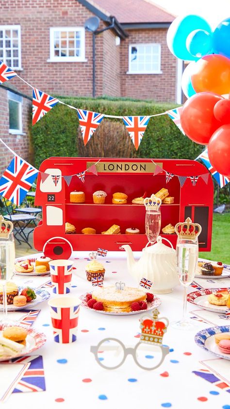 British Tea Party Supplies for the Queen's Platinum Jubilee Jubilee Party Ideas, Union Jack Decor, Bus Cake, British Tea Party, Jubilee Party, Tea Party Supplies, Party Decorations Balloons, Treat Stand, British Tea