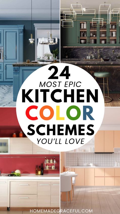 Unleash the potential of your kitchen with our curated selection of 24 kitchen color schemes. Whether you're drawn to the natural warmth of wood, the sophistication of gray and charcoal cabinets, the brightness of honey, black, and white tones, or the cheerfulness of blue, yellow, and red hues, we've compiled a variety of ideas to ignite your creativity. D...#HomeStyle #DecorTips #HouseGoals #HomeIdeas #HomeDecorating #HomeInspiration #InteriorInspo #DecorInspiration #HomeDecor #InteriorDesign Small Kitchen Colour Ideas, Mint Kitchen Walls, Color Palette For Kitchen, Charcoal Cabinets, Kitchen Interior Colour Combination, Kitchen Colors For Walls, Kitchen Colors Schemes, Small Kitchen Colors, Kitchen Color Schemes