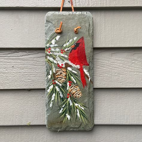 Winter Fence Painting, Slate Art Wall Hangings, Painted Porch Signs, Painted Christmas Signs, Winter Porch Signs, Christmas Paintings On Wood, Holiday Painting Ideas, Cardinal Paintings, Jennie Art