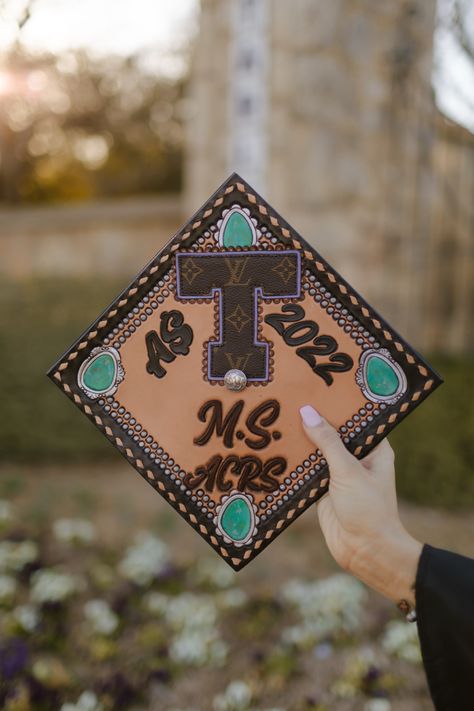 artist: willie brown Leather Grad Cap Ideas, Graduation Cap Designs Leather Tooled, Tooled Graduation Cap, Leather Graduation Cap Ideas, Leather Grad Cap, Leather Graduation Cap, Western Graduation, High School Graduation Pictures, Senior Things