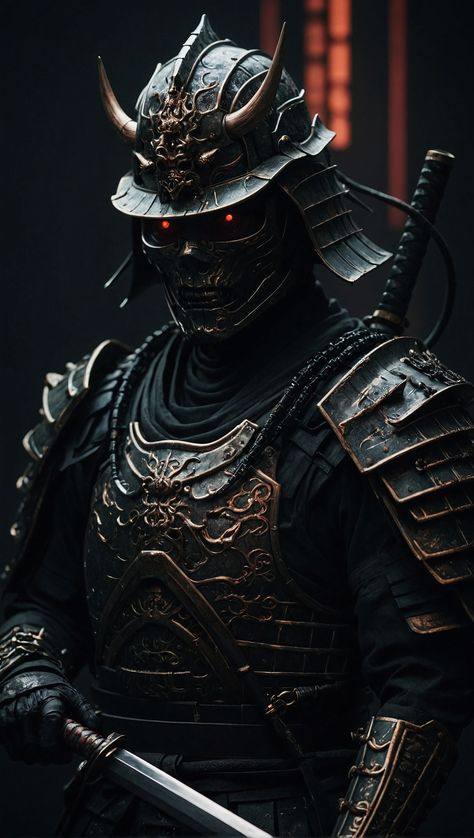 Oni Samurai Art, Black Samurai Art, Samurai Future, Future Samurai Armor, Samurai Pictures, Dark Samurai Art, Dark Samurai Wallpaper, Space Samurai, Black Samurai Armor