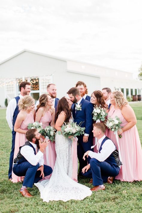 Navy And Blush Wedding Colors, Pink Navy Blue Wedding, Wedding Navy And Blush, Navy And Pink Suit, Blue Suit And Pink Dress, Dusty Pink And Navy Blue Wedding Theme, Navy Blue Blush Wedding, Navy And Pink Wedding Party, Navy Blush Wedding