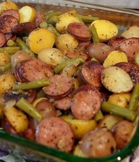 This dish is perfect for those crazy busy weeknight dinners. With just a few minutes prep time, you can have an awesome dinner that your whole family will enjoy! The sausage and green bean potato bake taste amazing together in one pan – like something straight outta restaurant quality cooking school (and way better than […] Sausage Potatoes Green Beans, Sausage Green Bean Potato Casserole, Green Bean Potato Casserole, Smoked Sausage And Potato Recipe, Sausage And Green Beans, Sausage Potato Casserole, Sausage And Potato Bake, Sausage Casserole Recipes, Potatoes Green Beans