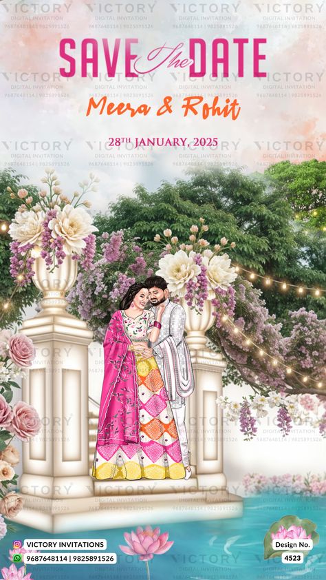 Order Now: Call / WhatsApp: +91 9687648114  The royal Theme of Romantic couple caricature digital invitation card for Save the Date in peach and white background color. This e-invite card is available in English language. Save the Date wedding cards includes elements such as flowers, leaves, gate, string light, tree. English Wedding Invitation Card, Digital Save The Date Ideas, Invite Background, Caricature Invitation, Couple Caricature, Wedding Card Design Indian, Royal Theme, Light Tree, Invite Card