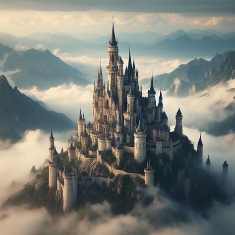 A castle in the clouds, where dreams find their sanctuary. Castle On Clouds, Castle In Clouds, Air Kingdom, Castle Gothic, Mountain Castle, Castle Inspiration, Castle In The Clouds, Castle House Design, Moon Kingdom