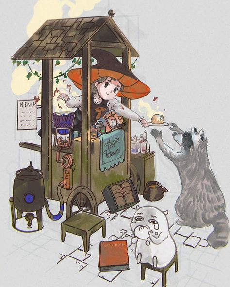 Little witch patisserie ? A moving cake shop stall that would sell enchanted cakes to relieve one's heart ? That could be a hit : p Witch Shop Art, Witch Shop Drawing, Kitchen Witch Illustration, Witch Apprentice Art, Moving Cake, Witch Bakery, Witch School, Bed Crown, July 25