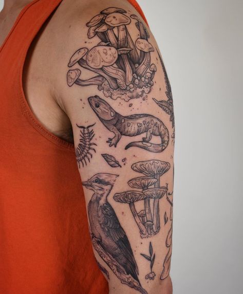 Insect Sleeve Tattoo, Arm Patchwork, Salamander Tattoo, Woodland Tattoo, Mushroom Tattoo Ideas, Tattoo Bible, Tattoos 2023, Moss And Lichen, Trippy Tattoo