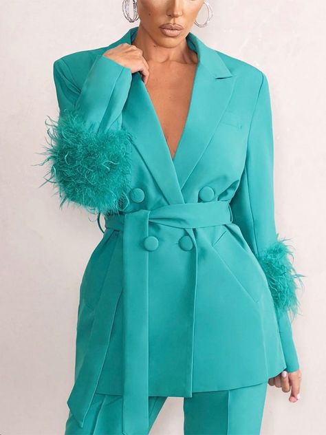 Turquoise Blazer, Grad Outfits, Woman Suit, 2piece Outfits, Club L London, Pant Suits, Belted Blazer, Glamour Dress, Matching Outfit