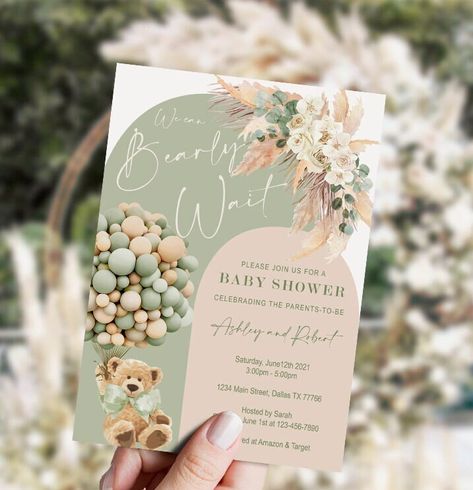 Bear Baby Shower Invitations, Gold Baby Shower Decorations, Sage Green Baby Shower, Green Baby Shower Invitations, Teddy Bear Baby Shower Invitations, Baby Shower Boho, Baby Shower Invites Neutral, Bear Baby Shower Theme, Surprise Baby Shower