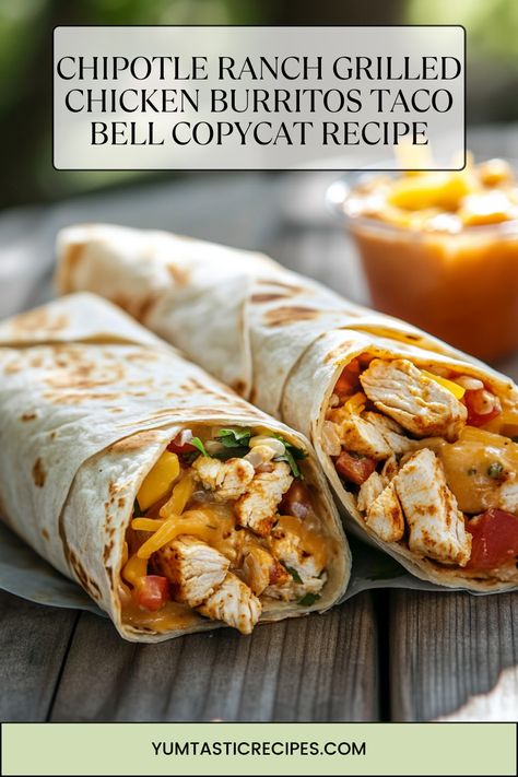 Enjoy a quick and tasty meal with this Chipotle Ranch Grilled Chicken Burrito recipe. Combining grilled chicken, fresh vegetables, cheese, and a tangy chipotle ranch dressing, all wrapped in a warm tortilla, it's a delightful dish that's simple to prepare. Perfect for lunch or dinner—make it part of your meal rotation!

#QuickMeals #GrilledChicken #ChipotleRanchBurrito #HomemadeFastFood #DeliciousRecipes Chipotle Ranch Grilled Chicken Burrito, Homemade Chipotle Ranch, Taco Bell Burrito, Chipotle Ranch Sauce, Chicken Burrito Recipe, Burrito Recipe Chicken, Taco Bell Copycat, Chipotle Ranch Dressing, Homemade Chipotle