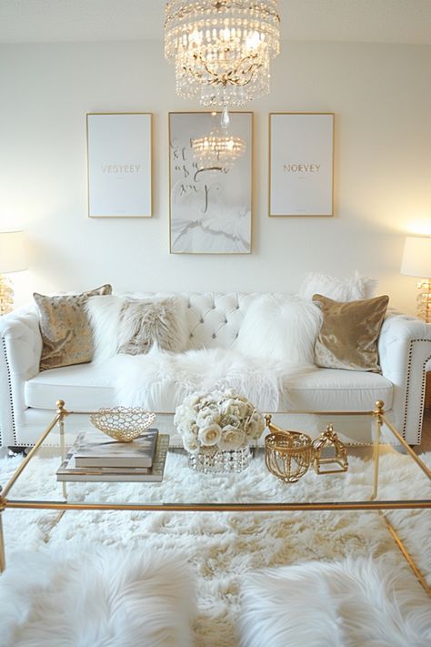 Create a luxurious ambiance with high-end living rooms that feature elegant decor, plush furniture, and standout pieces. Click to see more. Welcome Living Room Ideas, Cream Glam Living Room, Classy Furniture Home Decor, Simple Glam Living Room, Glam Coffee Table Decor Ideas, White Sofas Living Room Ideas, Feminine Living Room Decor, Small Glam Living Room, Glam Sitting Room