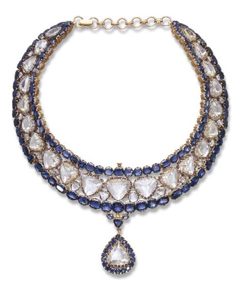 Indian sapphire & diamond necklace Diamond And Sapphire Necklace, Diamond Necklace Indian, Sapphire Diamond Necklace, Indian Diamond Jewellery, Sapphire Jewellery, Antique Jewelry Indian, Multi Sapphire, Royal Jewels, Royal Jewelry