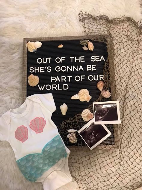 Sea Gender Reveal, Mermaid Or Sailor Gender Reveal, Under The Sea Gender Reveal Ideas, Mermaid Gender Reveal, Ocean Gender Reveal, Ocean Baby Announcement, Mermaid Or Pirate Gender Reveal, Ocean Pregnancy Announcement, Little Mermaid Nursery Theme