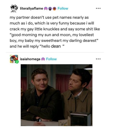 Destiel Headcanon Spicy, Supernatural Headcanon, Destiel Headcanon Dirty, Destiel Family, Destiel Headcanon, Soupy Noodles, Supernatural Tumblr, Spn Memes, Supernatural Pictures