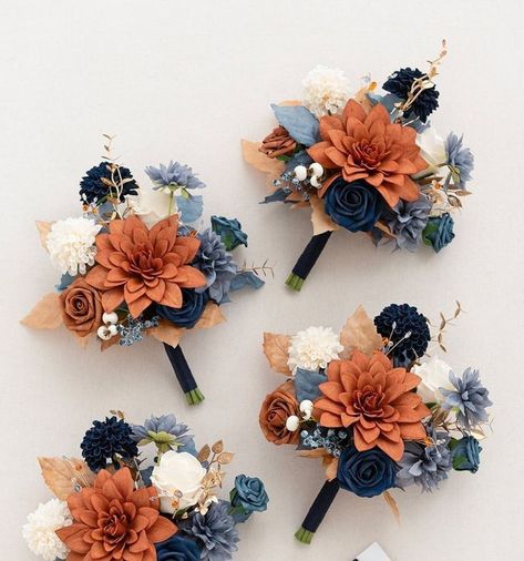 Terracotta And Navy Centerpieces, Steel Blue And Copper Wedding, Fall Wedding Terracotta And Navy, Navy And Burnt Orange Wedding Decor, Rust And Navy Wedding Flowers, Dusty Blue And Terracotta Wedding Centerpieces, Dusty Blue And Burnt Orange Wedding Color Schemes, Wedding Orange And Blue, Navy Blue Fall Wedding Colors