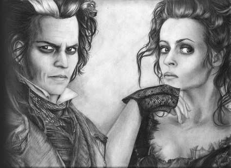 Sweeney Todd and Mrs Lovett by Melissa2000.deviantart.com Edward Scissorhands Drawing, Sweeney Todd And Mrs Lovett, Mrs Lovett, Mc Escher, Helena Bonham, Edward Scissorhands, Sweeney Todd, Bonham Carter, Helena Bonham Carter