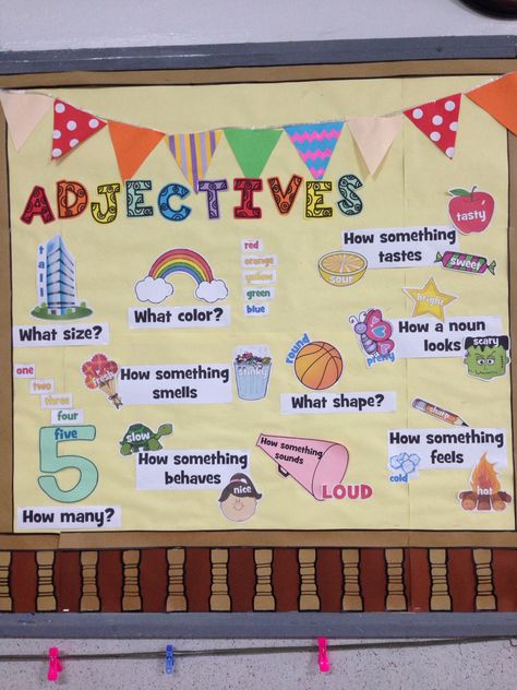 Adjectives Language Lab Ideas, Adjective Project For Kids, Adjectives Project Ideas, Stationery Store Design, English Grammar For Kids, Classroom Charts, School Board Decoration, Teacher Classroom Decorations, Grammar For Kids