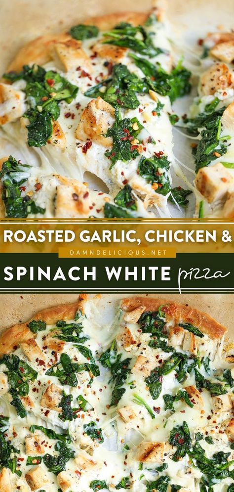 White Chicken Pizza, Ricotta Chicken, White Pizza Recipe, Ricotta Stuffed Chicken, Ricotta Pizza, White Pizza Recipes, Garlic Pizza, Chicken Pizza Recipes, Roasted Garlic Chicken