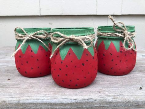 Amazon.com: Strawberry Mason Jars/Strawberry Decor/Strawberry Painted Mason Jars: Handmade Strawberry Mason Jar, Strawberry Candles, Strawberry Crafts, Expensive Candles, Strawberry Candle, Strawberry Decor, Mason Jar Centerpiece, Mason Jar Decor, Small Centerpieces