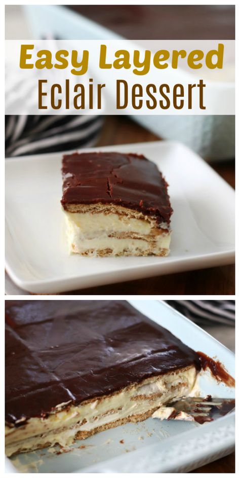 Layers of graham crackers, pudding and chocolate combine for this delicious no-bake chocolate eclair dessert! Always a hit and the perfect summer dessert! Graham Cracker Chocolate Eclair Dessert, Chocolate Eclair Dessert With Cream Cheese, Eu Claire Dessert, No Bake Eclair Cake Recipe, Pudding And Graham Cracker Dessert, Choc Eclair Dessert, Eclare Cake Desserts, Grahman Crackers Dessert Recipe, Quick Pudding Desserts