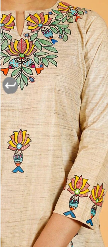 Acrylic Painting On Kurti, Handpaint Kurti Design, Madhubani Dress Design, Fabric Painting Tracing Design, Kurti Painting Design, Hand Painted Kurti Designs, Fabric Painting On Kurti, Onam Sarees, Shirt Painting Ideas