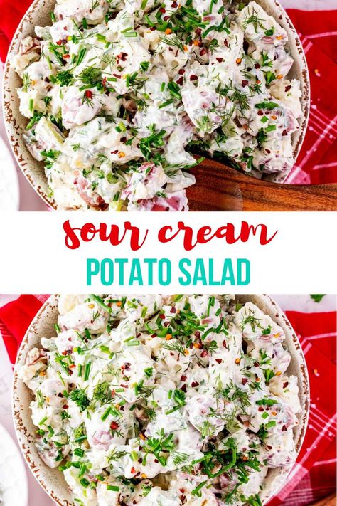 If you are looking for a delicious side dish for your next grill out, this Sour Cream Potato Salad is sure to be a hit. With a tangy dressing and bright, herbaceous finish, this one will keep your taste buds singing. Creamy potato salad doesn’t get any better than this. Red Skin Potato Salad With Sour Cream, Sour Cream Potato Salad Recipes, Potato Salad Sour Cream, White Potato Salad, Potato Salad With Sour Cream, Sour Cream Potato Salad, Traditional Potato Salad Recipe, Red Skin Potato Salad, Red Potato Salad Recipe