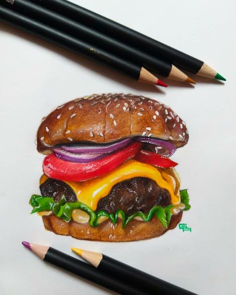 Hamburger Drawing, Pencil Colour Painting, Colored Pencil Artwork Ideas, Easy Pencil Drawings, Love Canvas Painting, Food Art Painting, Color Pencil Sketch, Prismacolor Art, Realistic Pencil Drawings