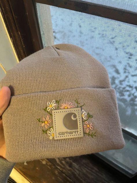 Carhart Embroidery Hat, Embroider Beanie Diy, Embroidered Carhartt Beanie Flowers, Hat Hand Embroidery, Knit Hat Embroidery, Carhartt Embroidery Diy, How To Embroider A Beanie, Carhartt Hat Embroidery Diy, Embroidered Knit Hat