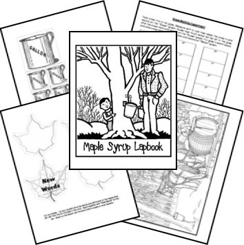 Maple Syrup Lapbook (can be used with a number of children's books about maple syrup)  - Book Lessons and Themes: maple syrup, measurement, maple tree, cooking, snow experiment, temperature, diameter, symmetry, botany, pioneer life, Wisconsin, map skills, metaphor, simile, onomatopoeia Maple Sugaring Activities, Maple Syrup Taps, Maple Syrup Candy, Homemade Maple Syrup, Maple Sugaring, Book Lessons, Pioneer Days, Sugar Bush, Pioneer Life