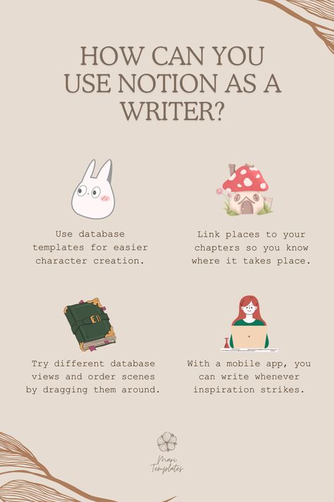 Hey writers! 📝 Ever considered using Notion to make your writing easier? It's incredibly helpful! From organizing notes, building new worlds with templates, to developing characters and keeping track of deadlines, Notion has everything you can think of! Best part? It's free to use and accessible from both your phone and computer. And if creating your own Notion setup feels overwhelming, give our premade template a try—it's got everything a writer needs. #Writing #NotionTemplate Notion Novel Planning, Notion For Writers Template, World Building Template, Writing Notion, Developing Characters, Organizing Notes, Novel Planning, Using Notion, Notion Setup