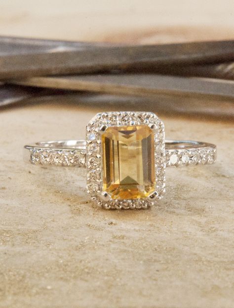 Colette is a glamorous citrine engagement ring with a sparkly diamond halo. #DanaWaldenBridal Citrine Ring Engagement, Vintage Inspired Engagement Rings, Citrine Jewelry, Topaz Engagement Ring, Best Engagement Rings, Classic Engagement Rings, Engagement Inspiration, Citrine Ring, Yellow Citrine