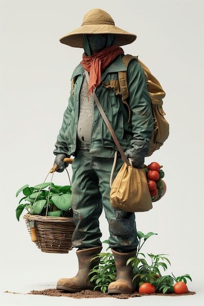 Photo detailed character design of a gar... | Premium Photo #Freepik #photo Gardener Reference, Gardener Outfit Men, Farmer Aesthetic Outfit, Farmer Concept Art, Farmer Outfits Men, Gardener Character Design, Farmer Character Design, Farmer Clothes, Fall Storytime