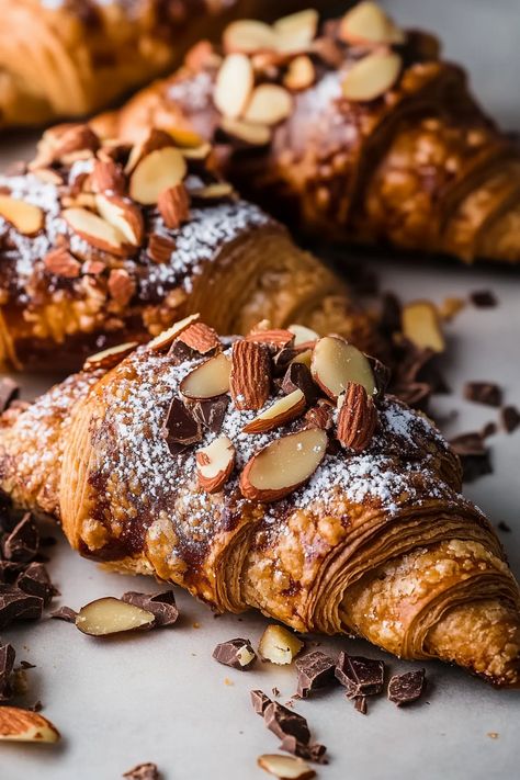 Chocolate Almond Croissants Croissant Dessert Recipes, French Christmas Food, Bake Aesthetic, French Christmas Desserts, Almond Cream Filling, Pastries Aesthetic, Pastry Aesthetic, Filled Croissants, Croissant Aesthetic