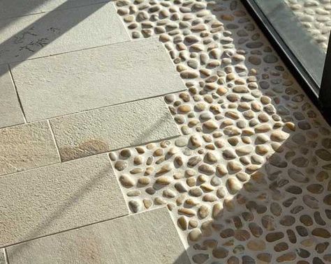 ceramic floor tiles and beach pebbles, modern interior design idea Flooring Ideas, On The Ground, The Floor, Patio, Flooring, Stone, Glass, Design, Patios