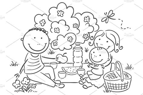 Cartoon family having picnic outdoor ~ Illustrations ~ Creative Market Picnic Cartoon, Picnic Family, Cartoon Family, Family Clipart, Food Flyer, White Cartoon, Outline Illustration, Black And White Cartoon, Family Cartoon