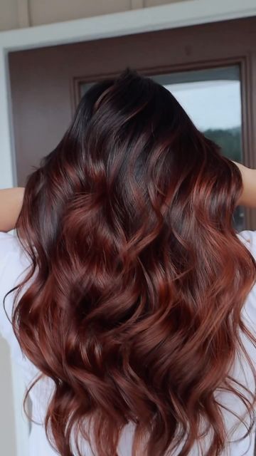 Red In Brunette Hair, Brunette Red Hair Balayage, Balayage Brunette To Red, Brunette Hair With Red Balayage, Natural Brown Hair With Red Highlights, Red Baylage Brunette, Copper Balayage Asian Hair, Balayage Hair Reddish Brown, Red Balayage Brown Hair