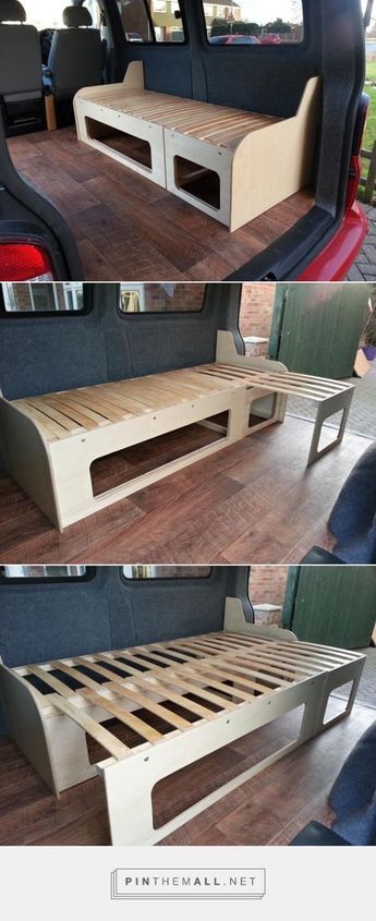 Slide-Out Campervan Bed / Table (VW T5 Forum)... - a grouped images picture - Pin Them All Van Layouts, Campervan Bed, T4 Camper, Camper Beds, Van Bed, Adventure Van, Camper Hacks, Mini Camper, Campervan Interior