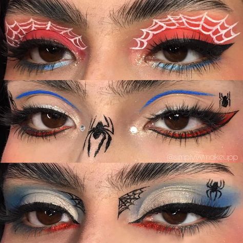 Marvel Inspired Makeup Looks, Hero Makeup Ideas, Spiderman Inspired Makeup Simple, Miles Morales Eye Makeup, Spider Man Costume Makeup, Spiderman Eyeshadow Look, Spider Man Face Makeup, Spider Man Eyeshadow, One Piece Inspired Makeup