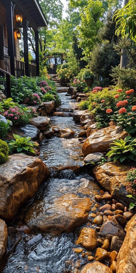 Big Garden Aesthetic, Big Garden Ideas Landscaping, Creek Landscaping Natural, River In Backyard, Backyard Ponds And Waterfalls, Garden Stream, Taman Air, Big Trees, Sustainable Landscaping