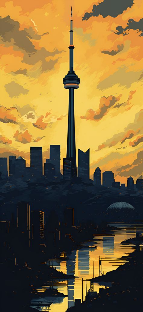 Brilliant yellow aesthetic image of the Toronto skyline featuring the CN Tower. Yellow Pixel Art Wallpaper, Vibrant Wallpaper Iphone, Toronto Wallpaper, Yellow Aesthetic Wallpaper Iphone, Random Backgrounds, Land Wallpaper, Pixel Art Wallpaper, Yellow Aesthetic Wallpaper, Skyline Artwork