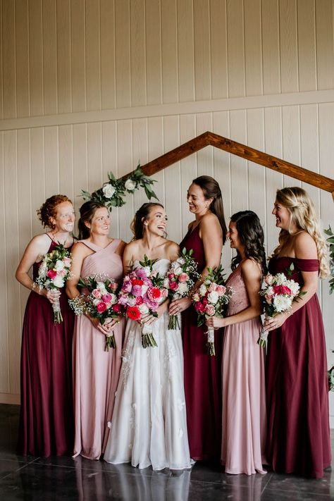 Burgundy Wedding Family Photos, Pink Purple And Burgundy Wedding, Burgundy And Mauve Bridesmaid Dresses, Wedding Party Photos Indoor, Burgundy And Pink Bridesmaid Dresses, Burgundy And Blush Bridesmaid Dresses, Valentines Day Wedding Ideas Receptions, Rose Bridal Party, Groom Photos Poses