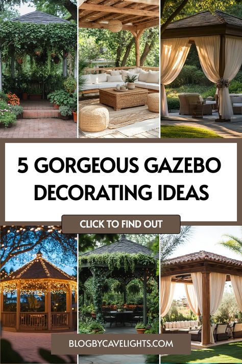 5 gazebo decorating ideas Enclosing A Gazebo, Deck With Gazebo Ideas, Gazebo Decorating Ideas, Gazebo Lighting, Gazebo Decorations, Modern Gazebo, Gazebo Ideas, Narrow Living Room, Backyard Gazebo