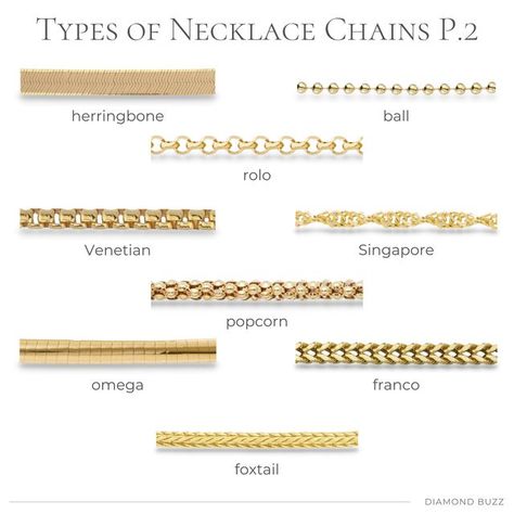 Diamond Buzz on Instagram: "TYPES OF NECKLACE CHAINS PART 2 Which one is your favourite? Leave a comment below. #goldjewelry #goldjewellery #goldchain #goldchains #instajewellery #instajewelry" Types Of Necklace Styles, Types Of Jewelry Chains, Types Of Necklace Chains, Types Of Necklace, Types Of Chains, Festive Jewellery, Jewelry Knowledge, Jewelry Chains, Types Of Jewelry