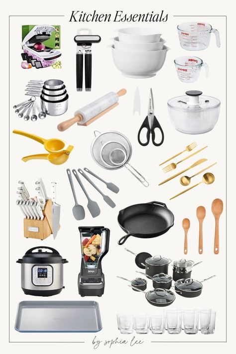 Planning for a kitchen can be tough work. This kitchen essentials checklist will help ease allll your stress, though! Kitchen Essentials Checklist, Kitchen Appliance List, Kitchen Essentials List, New Home Essentials, First Apartment Essentials, Sophia Lee, Essentials Checklist, Glass Rinser, Must Have Kitchen Gadgets