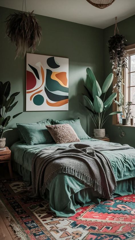 This sage green bedroom features abstract art for a modern touch Sage Green Boho Bedroom, Green Boho Bedroom, Sage Green Bedroom, Boho Space, Boho Style Bedroom, Boho Elements, Cozy Boho, Green Bedroom, Style Bedroom