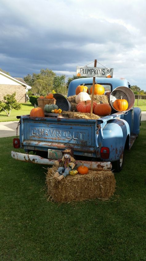 Fall decorating vintage truck Decorating An Old Truck For Fall, Vintage Truck Fall Decor, Blue Truck Fall Decor, Old Truck Fall Decorations, Old Truck With Pumpkins, Fall Farm Truck Decor, Old Truck Fall Pictures, Fall Truck Decor Ideas, Vintage Truck Fall Pictures